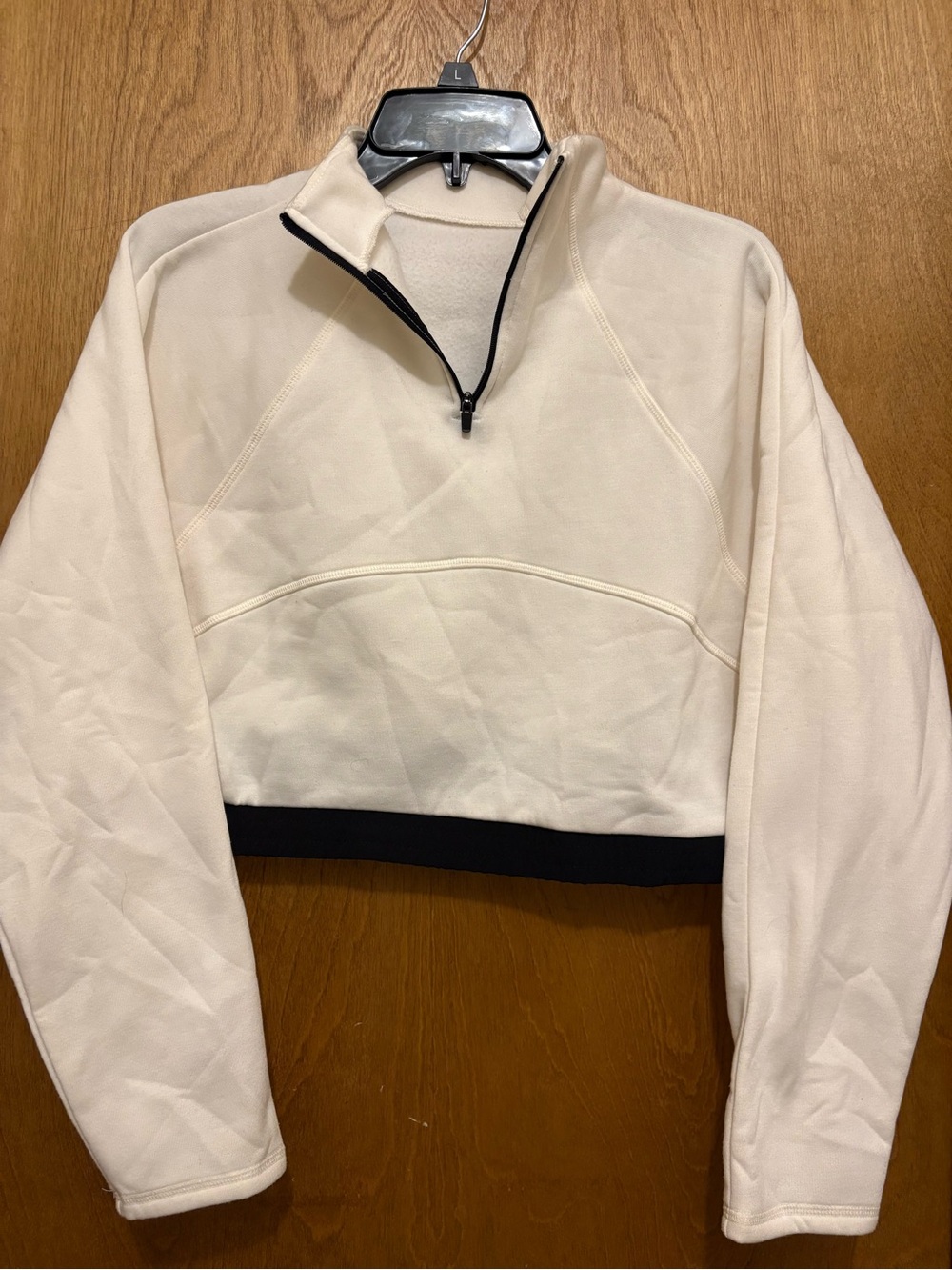 Women's Cream Quarter-Zip Cropped Pullover with Black Trim